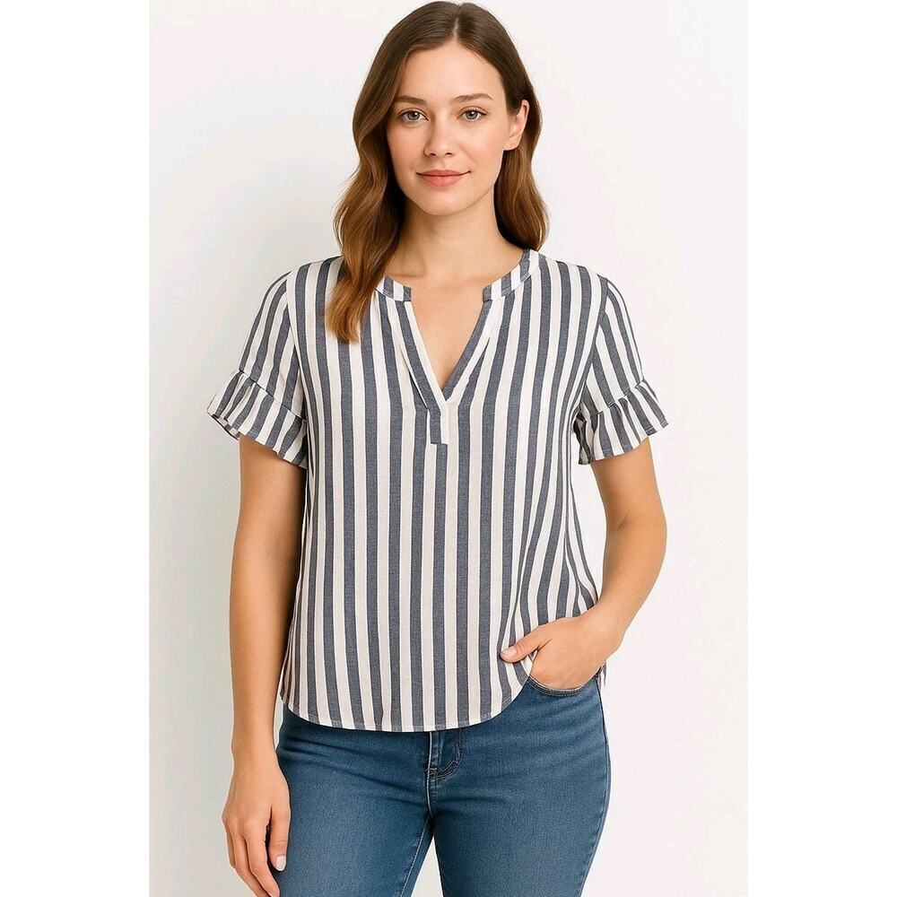 Crown & Ivy Womens Striped Linen Blend Blouse Size S Ruffle Sleeve Summer Top